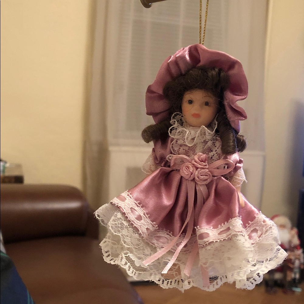 Victorian Pink Porcelain Doll silk pink dress Dress with lace pink matching hat